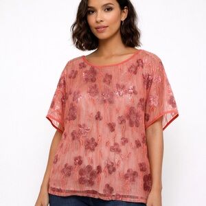 Bob Mackie Wearable Art Sheer Sequin Floral Mesh Blouse Medium